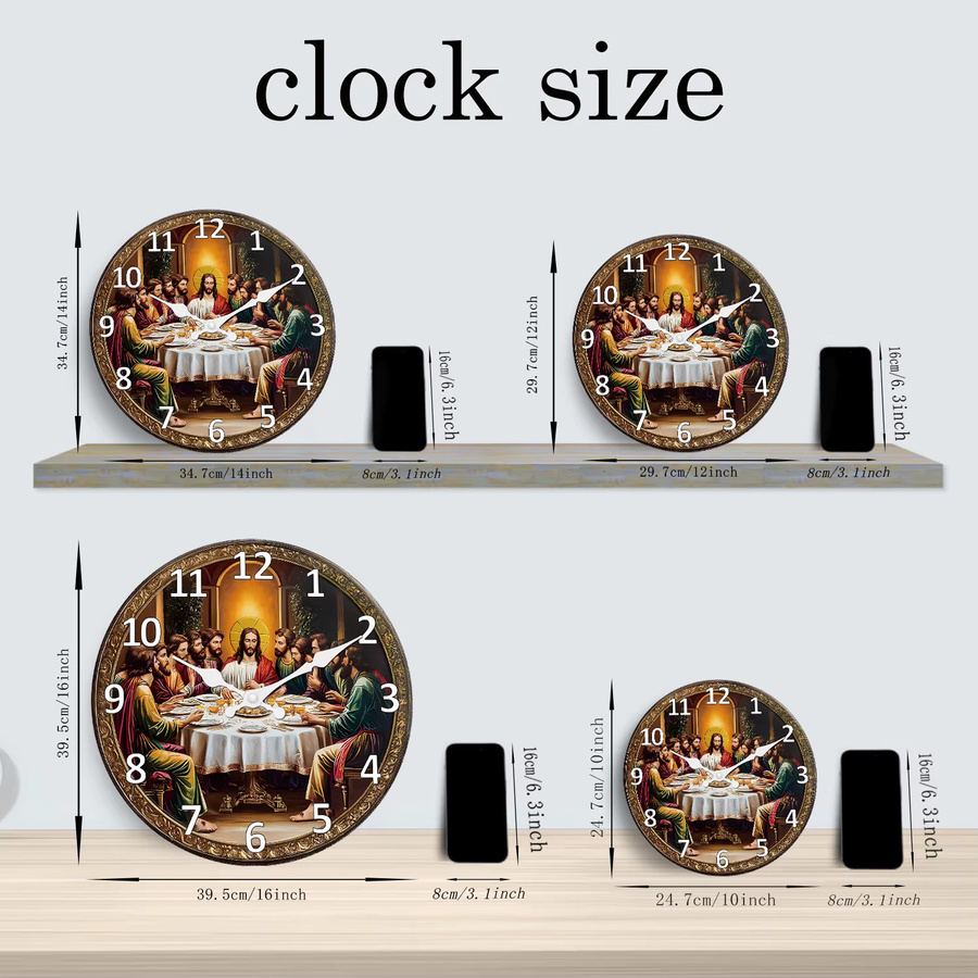 Retro Wanduhr aus Holz Das letzte Abendessen in Mehrfarbig, Stille Quarzuhr für Wohnzimmer und Küche - Bild 3