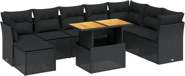 vidaXL 9-teilige Garten-Sofagarnitur aus Poly-Rattan und Akazienholz in Schwarz mit Kissen - Bild 1