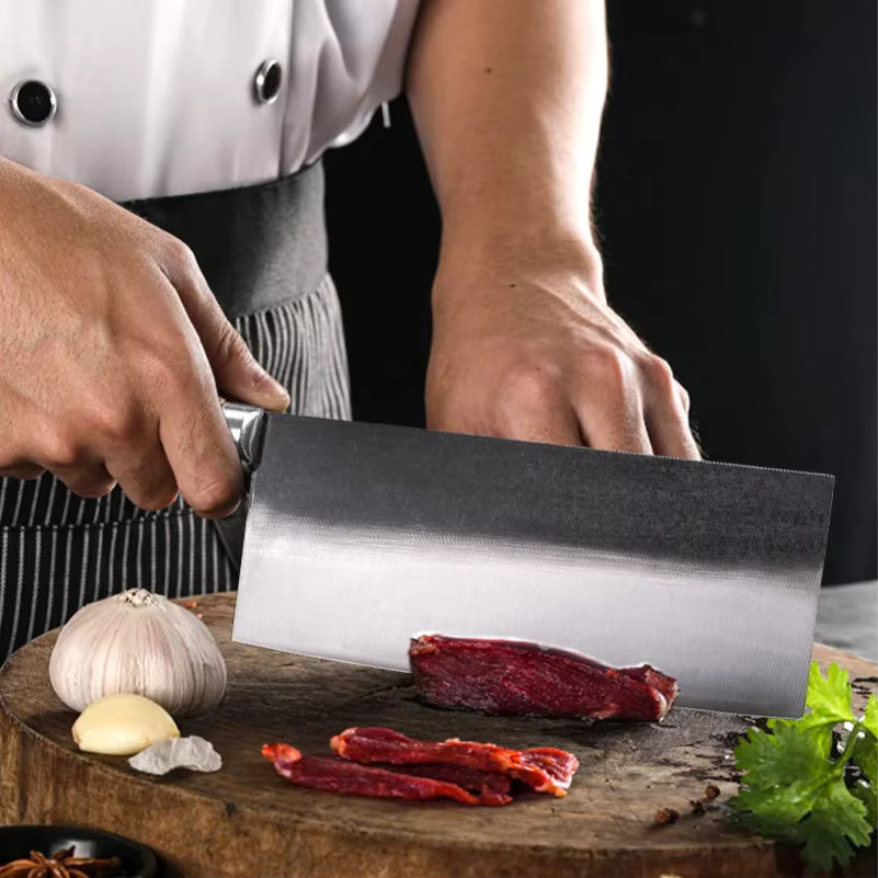 InLeung Chinesisches Kochmesser Cleaver in Silber mit Holzgriff zum Schneiden und Filetieren von Fleisch, Fisch und Gemüse - Bild 3