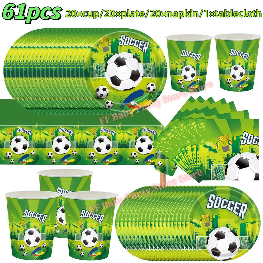 Potdemiel Fußball-Geburtstagsdekoration Set in Grün mit Aluminiumfolienballons, Tellern, Bechern und Servietten für Kinder und Jungen - Bild 2