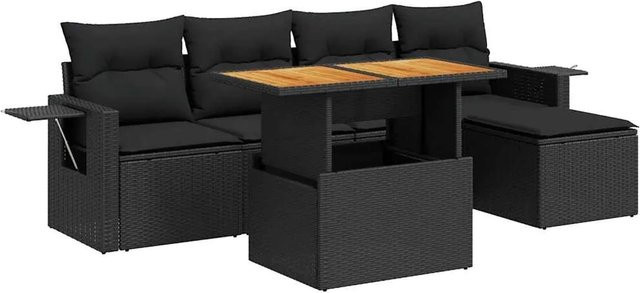 vidaXL 6-teilige Garten-Sofagarnitur aus Poly-Rattan und Akazienholz in Schwarz mit Kissen - Bild 1