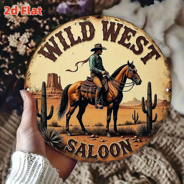 Rundes Wandkunstschild Wild West Saloon von Potdemiel – Rustikale Cowboy- und Pferdewüstenszene mit Kakteen aus Metall, Mehrfarbig, Durchmesser: 19,79 cm - Bild 1