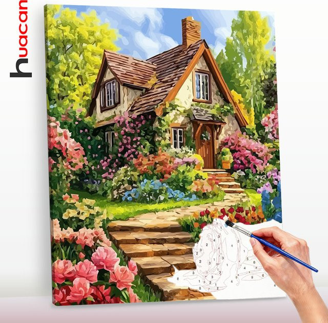 Huacan DIY Malen nach Zahlen Set Haus und Blumenlandschaft als handgemaltes Ölgemälde auf Leinwand in Mehrfarbig - Bild 1
