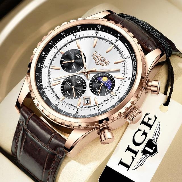 LIGE Armbanduhr Quarz, Chronograph, Edelstahl, Gold/Weiß, Herren - Bild 1