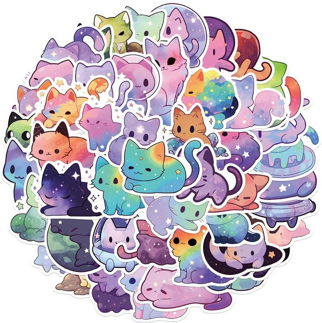 50 Stück Rui Di Cartoon Katze Aufkleber mit Regenbogen und Sternenhimmel, wasserfeste ästhetische Sticker in Multicolour für Wasserflaschen, Laptops und Handys - Bild 1