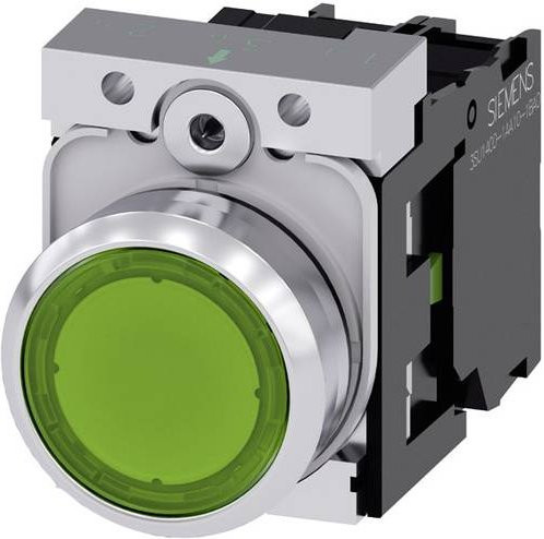 Siemens SIRIUS ACT Leuchtdrucktaster mit Metall-Frontring in Hochglanz, Betätiger flach, Farbe Grün/Silber, Schutzart IP67 - Bild 1