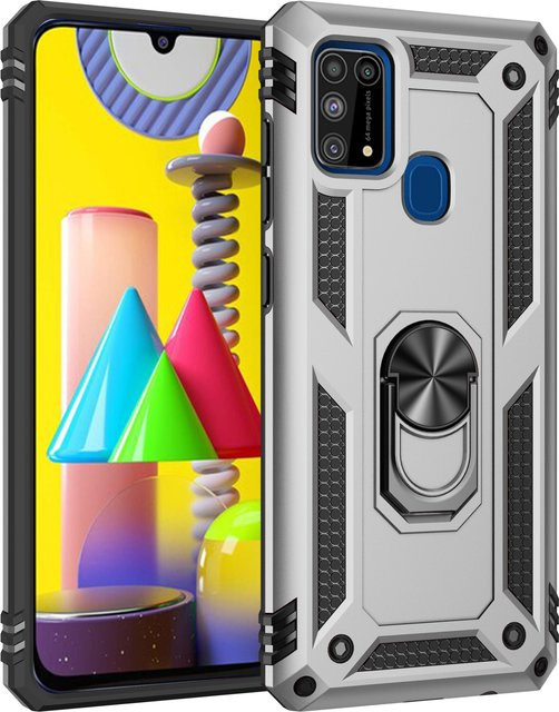 Stoßfeste Panzer-Handyhülle mit Metallringhalterung für Samsung Galaxy M51 M31 M21 M30S M31S M02 A01 M01 Core in Silber - Bild 1