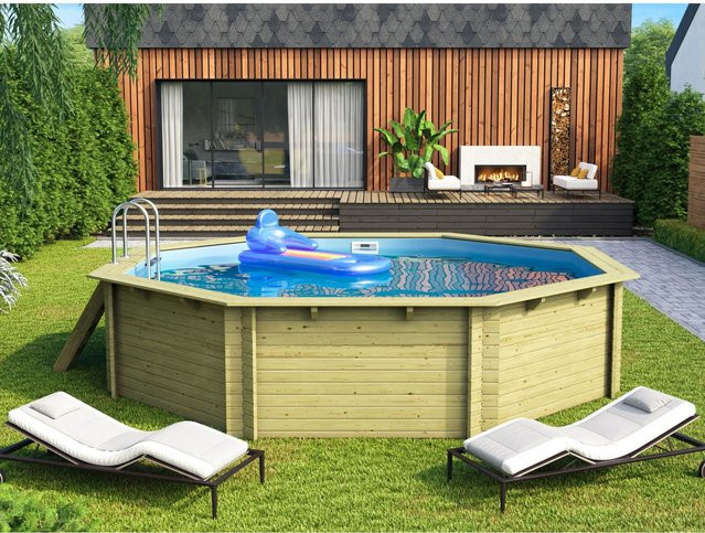 Karibu Achteck Aufstellpool Set in Blau inklusive Filteranlage, Skimmer, Poolfolie, Schutzvlies und Einhängeleiter - Bild 1