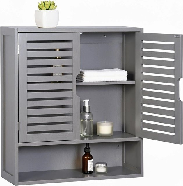 Relaxdays Hängeschrank aus MDF und Bambus in Grau, modern mit Lamellen-Optik, höhenverstellbar, B/H/T: 59 x 66 x 21 cm - Bild 1