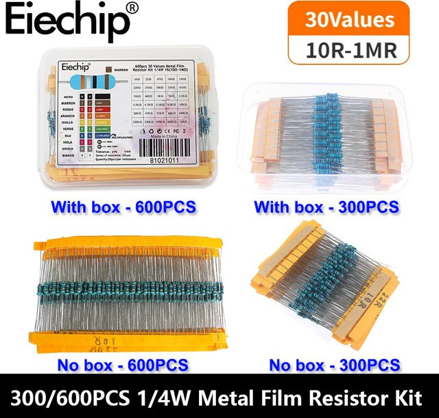 Widerstandsset mit 30 Werten von 10 Ohm bis 1 MOhm, 1/4 W Metallschichtwiderstände, 300/600 Stück Elektronik-Komponenten-Kit - Bild 1