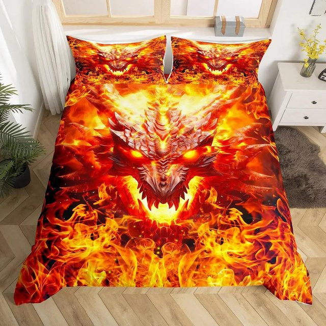 Feuerdrache Bettwäsche Set für Kinder und Jugendliche mit mythischem Tiermuster, Mehrfarbig, Material Mikrofaser, B/H: 180 x 210 cm - Bild 1