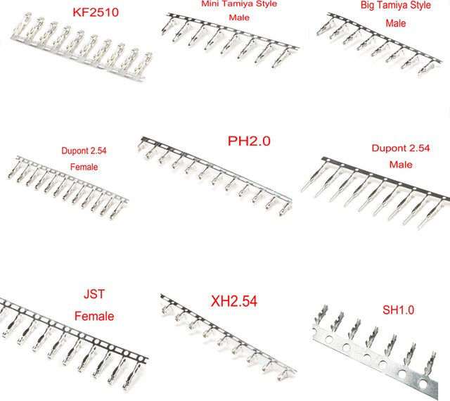 100 Stück Anschlussstecker Set mit männlichen und weiblichen Terminals in Silber für PH2.0, JST1.25, XH2.54, SH1.0, DuPont 2,54, VH, SM, KF2510 und CH3,96 - Bild 1