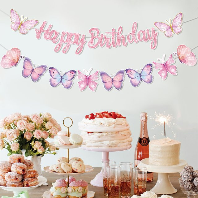 Huiran Alles Gute zum Geburtstag Banner in Rosa mit Schmetterling als Partydekoration für Mädchen - Bild 1