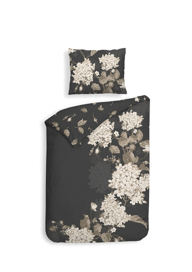 Heckett & Lane Mako-Satin Bettwäsche Ivy Classic Anthracite mit floralem Muster in Grau und Weiß, B/H: 155 x 220 cm und 80 x 80 cm - Bild 1