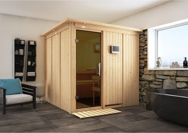 Karibu Sauna Rikka Bio-Kombisauna aus Fichte und Espe mit 9,0 kW BioKombiofen, externem Steuergerät, LED-Dachkranz und Ganzglastür in Grau/Braun, B/T/H: 196 x 198 x 196 cm - Bild 2