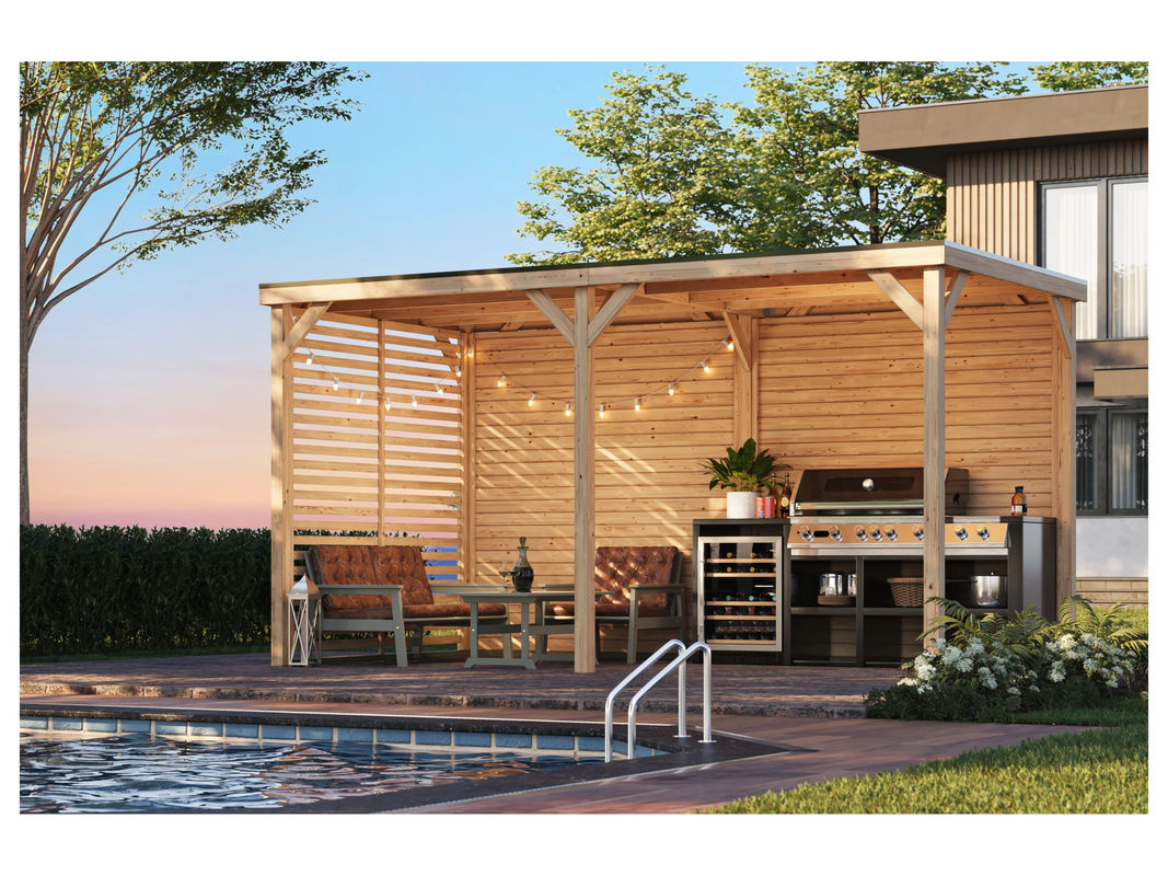 KARIBU Pavillon Mik L aus nordischer Fichte in Braun mit Rückwand, Lamellenwand und Tür - Bild 2