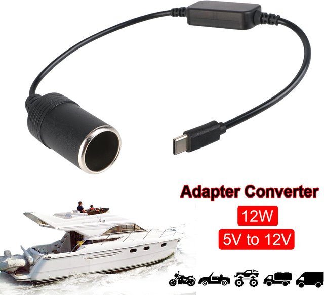 Boot Typ-C auf 12V Zigarettenanzüger Adapter Konverter Schwarz 12W für HUD und Dashcam - Bild 1