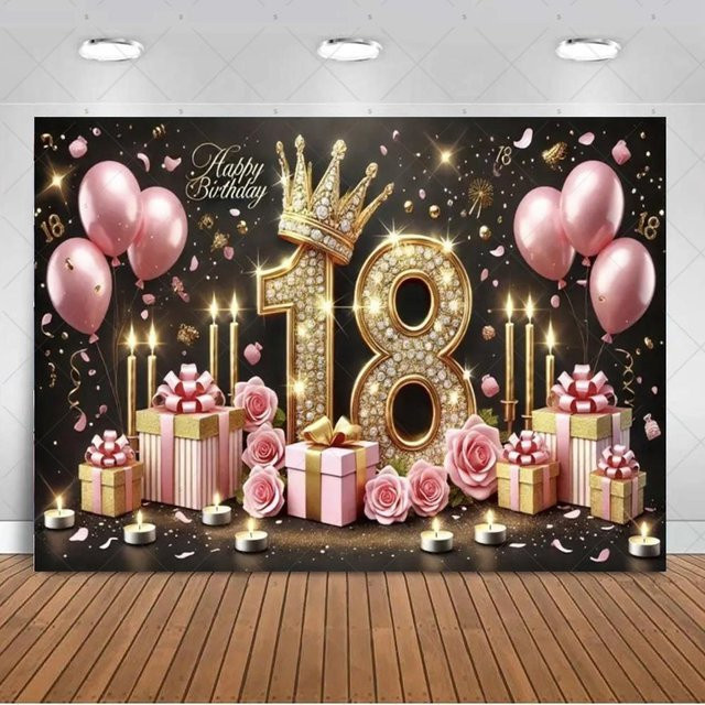PopPartyLab Party Dekoration Hintergrund für den 18. Geburtstag in Schwarz und Gold mit Glitzer-Effekt, B/H: 120 x 90 cm - Bild 1