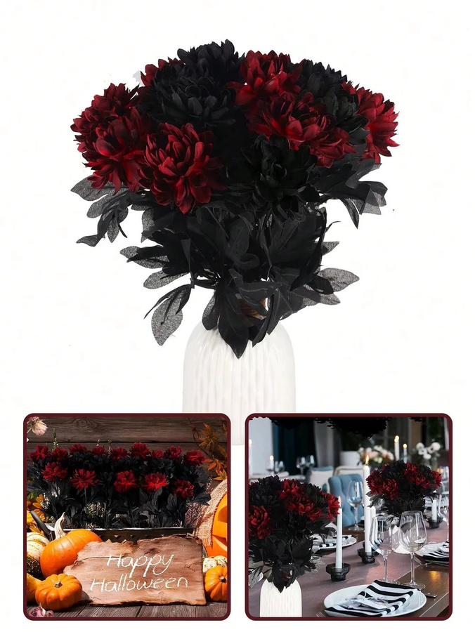 Uflower Künstliche Dahlien Bouquets aus Seide in Schwarz und Rot für Hochzeit, Party und Tischdekoration - Bild 3
