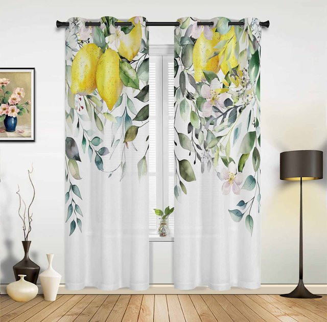 Moderne Vorhänge mit Aquarell-Zitronen-Motiv in Weiß und Gelb, 2er-Set, Breite: 135 cm, Höhe: 160 cm - Bild 1