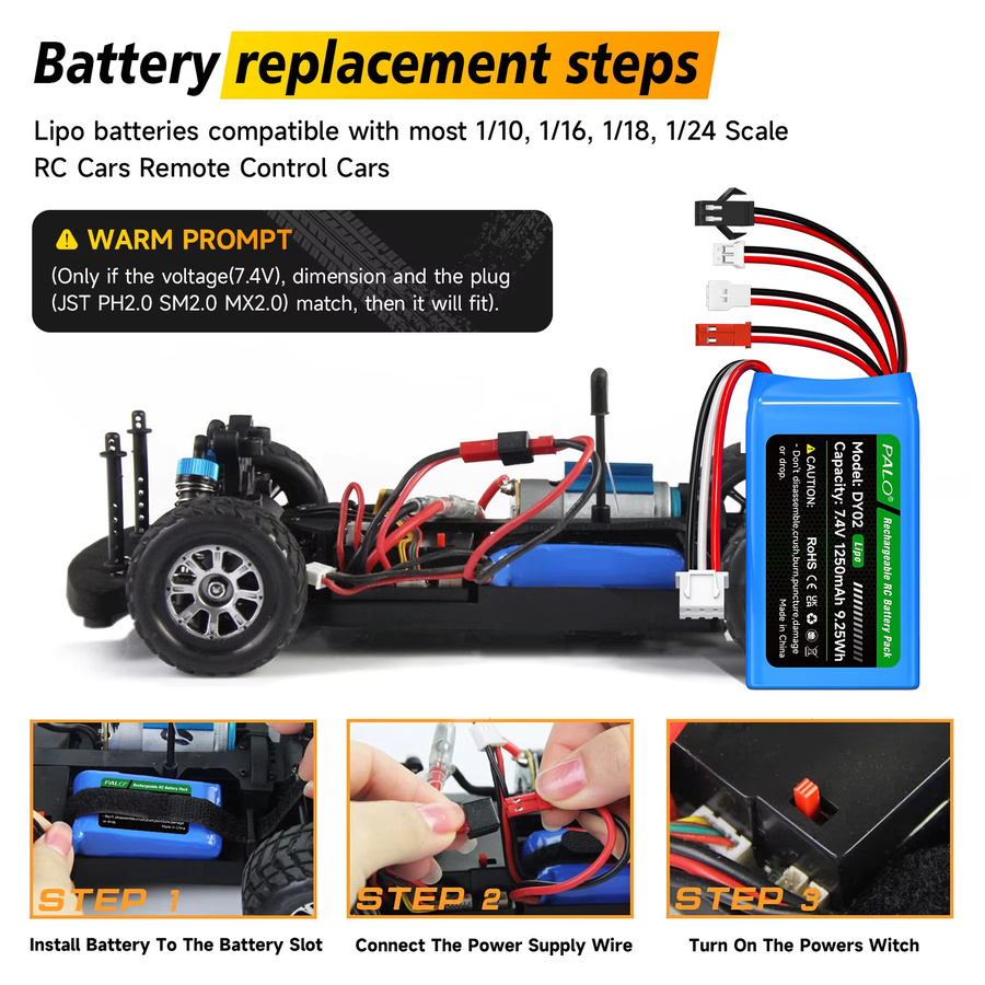 PALO Lithium-Polymer-Akku 7,4 V mit 1250 mAh und XH2.54-3P-Ladegerät für RC-Autos - Bild 3