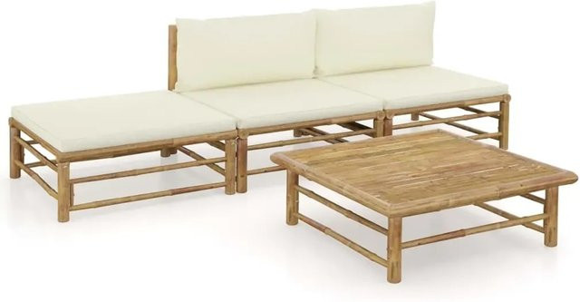 vidaXL 4-teiliges Garten-Lounge-Set aus Bambus mit cremeweißen Kissen in Beige/Weiß - Bild 1