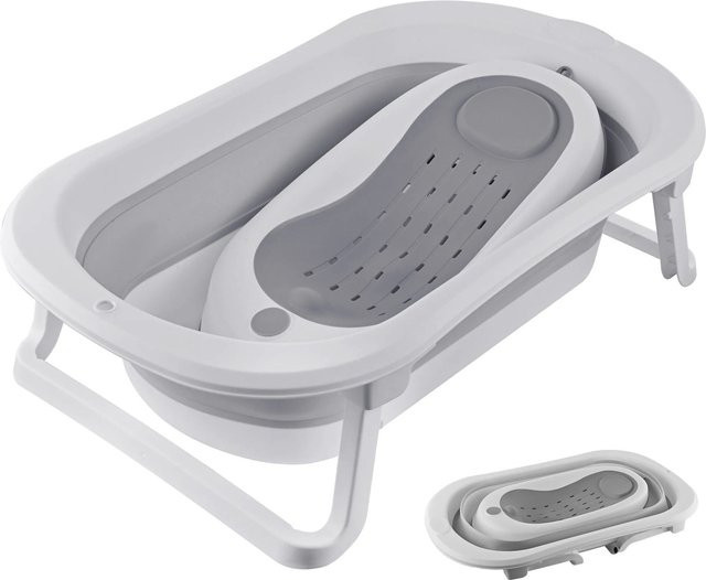 Relaxdays Babybadewanne aus Kunststoff zusammenklappbar und rutschfest mit Liegeeinsatz und Thermoablaufstopfen in Weiss und Grau, B: 49 cm, T: 21 cm, H: 79 cm - Bild 1