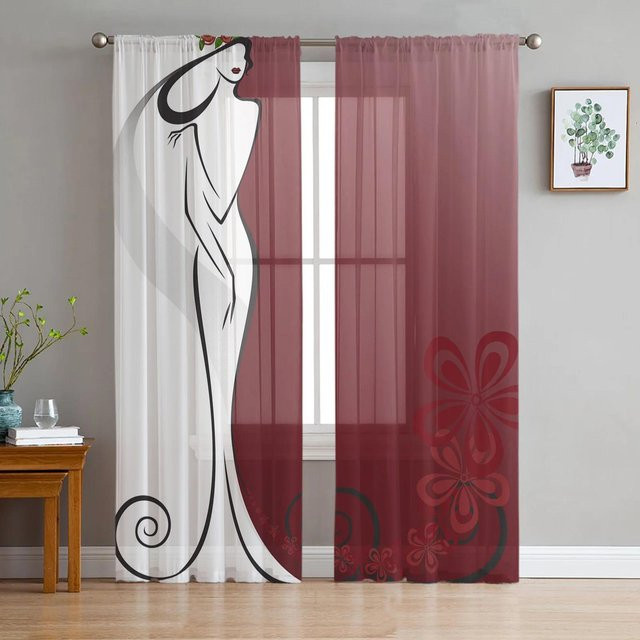 Yiran Furniture Transparenter Tüllvorhang mit Ballett Tänzerin, Blumen und Schmetterlingen in Rosa, Breite: 135 cm, Höhe: 115 cm - Bild 1