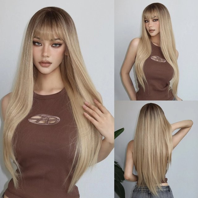 HAIRCUBE Perücke, Ombre Hellblond, Lange Gerade, Synthetisch, mit Pony, Damen - Bild 1