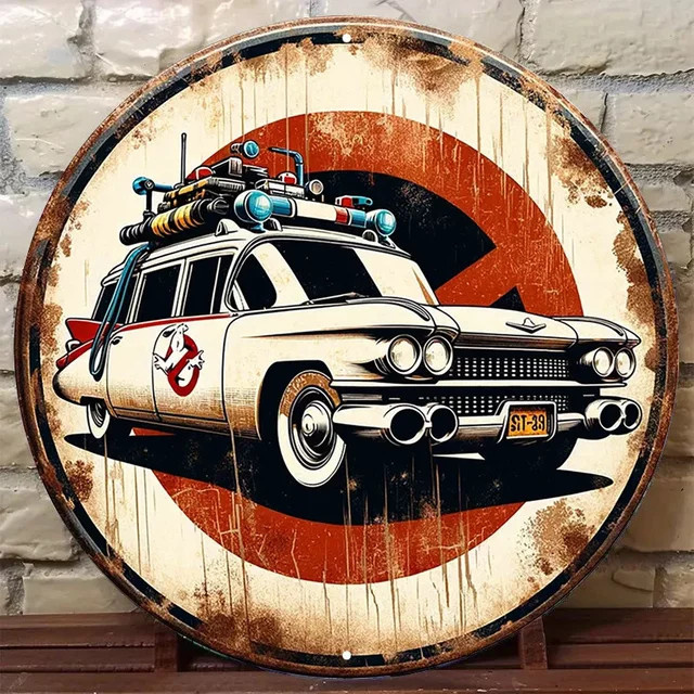 HELLOYOUNG Wanddekoration Ghostbusters Ecto-1 Auto Vintage Metallschild aus Aluminium, Runde Wandkunst Durchmesser: 20 cm - Bild 1