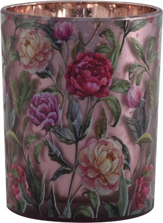 Teelichthalter FLOWER aus Glas in Pink und Multicolour mit floralem Design