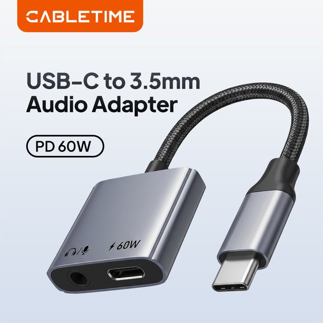 CABLETIME 2-in-1 USB-C Audio-Hub-Adapter mit 3,5mm Klinke und 60W PD Schnellladegerät für Hi-Fi-Audio - Bild 1