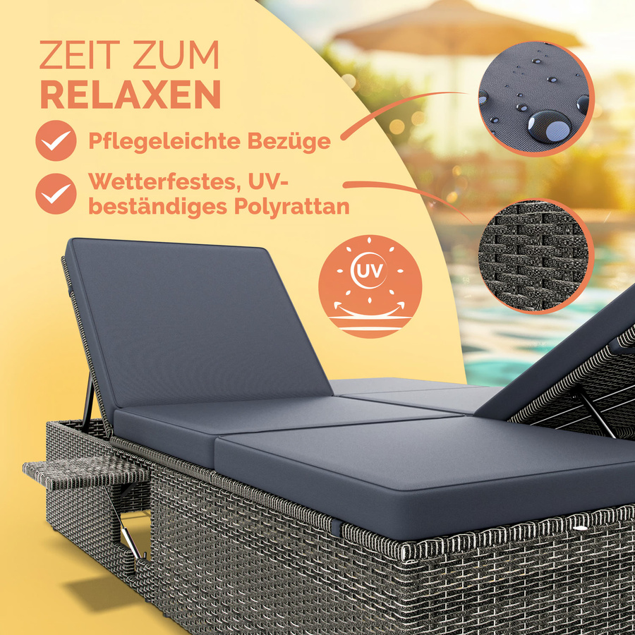 CASARIA Polyrattan Gartenliege Grau/Anthrazit mit verstellbarer Kopfstütze und Seitentisch, B/T/H: 220 x 115 x 33 cm - Bild 2