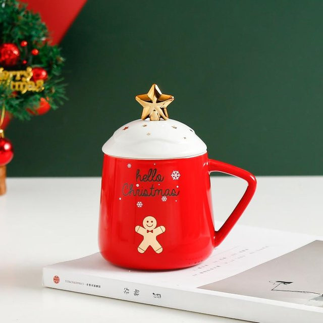 Kreative Weihnachtstasse aus Keramik mit Deckel und Löffel von Yiran Furniture, Farbe Rot, 450 ml - Bild 1