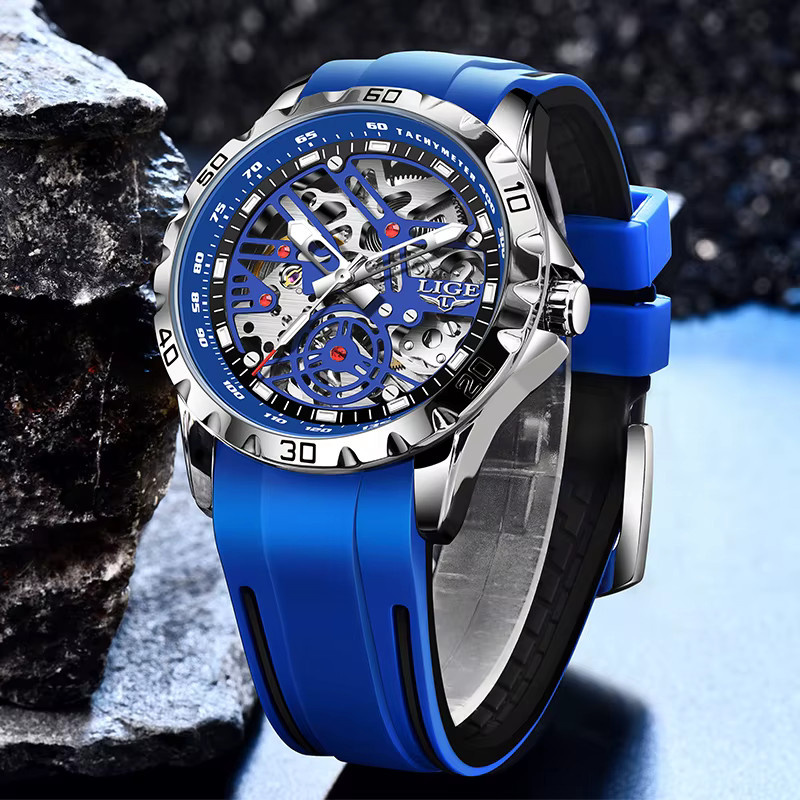 LIGE Armbanduhr Automatik, Edelstahl, Silikon, Blau, Herren - Bild 2