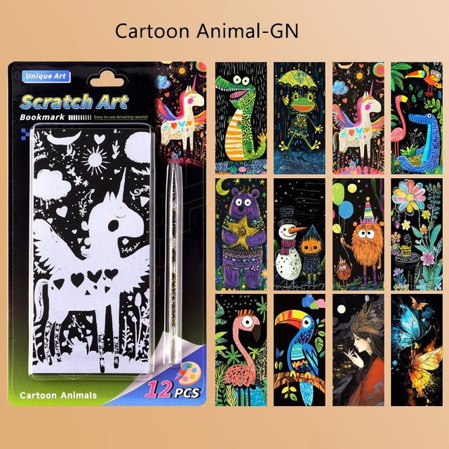 DIY Kratzbild Architekturlandschaften und Cartoon-Tiere, Kratzmalerei, 12-teiliges Set - Bild 1