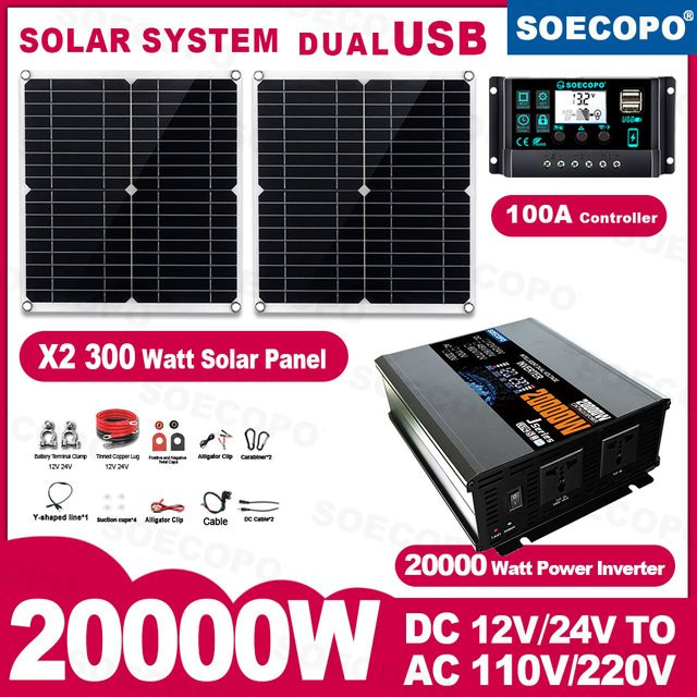 SOECOPO Tragbares Solarsystem-Kit 20000 W mit 2 x 300 W Panels, 100 A Controller und Inverter für Camping, Schwarz - Bild 1