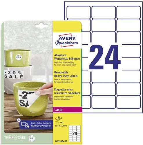 Avery Zweckform L4773REV-20 Folien-Etiketten Weiß, wetterfest und wiederablösbar, B: 63,5 mm, H: 33,9 mm - Bild 1