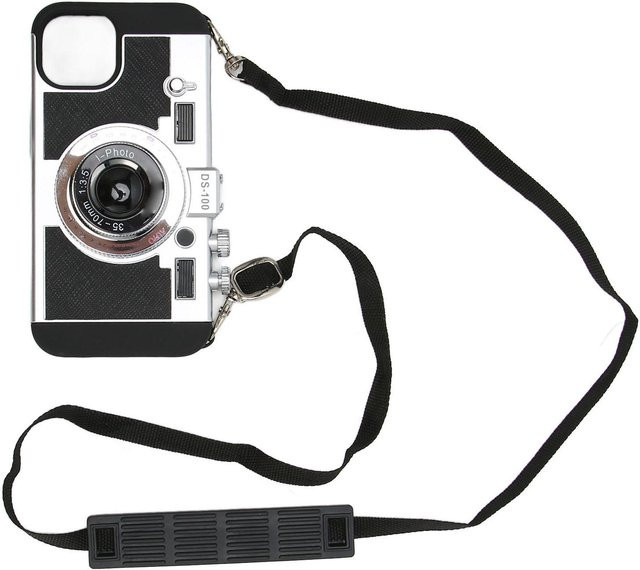 DIYelecs Handyhülle im Vintage-Design für iPhone 13 mit 3D-Kamera-Design und abnehmbarem Umhängeband in Schwarz - Bild 1