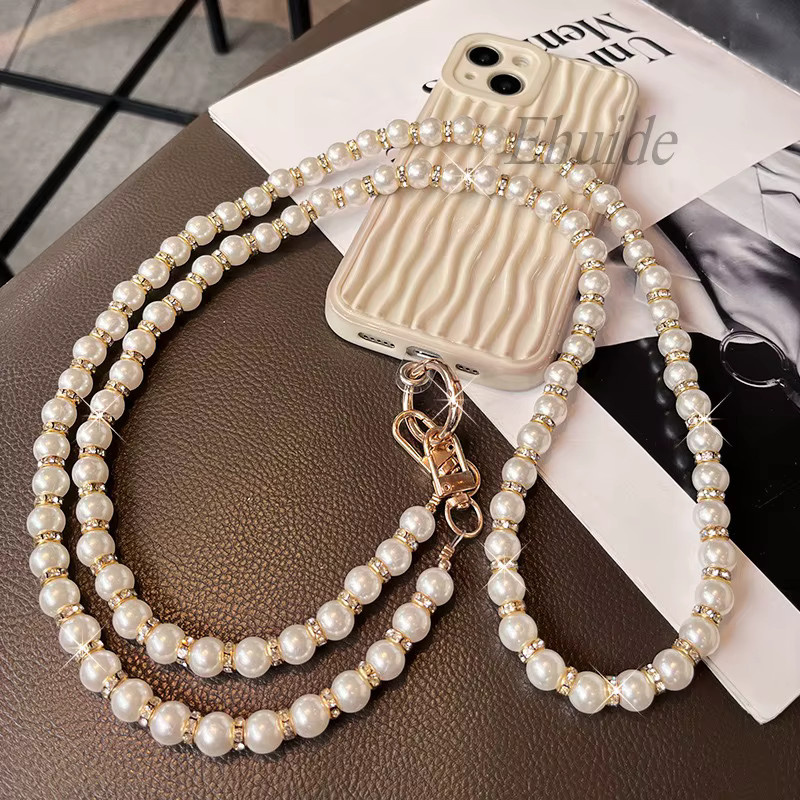 EHUIDE Telefon-Lanyard mit handbestickten Perlen und Diamant-Design in Weiß als universelle Umhängekette für deine Handyhülle - Bild 5