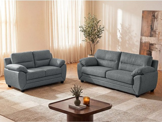 Vente-unique Couchgarnitur Manoa in Anthrazitgrau bestehend aus einem 3-Sitzer und einem 2-Sitzer aus Stoff mit Armlehnen, Breite: 201 cm, Tiefe: 163 cm - Bild 1