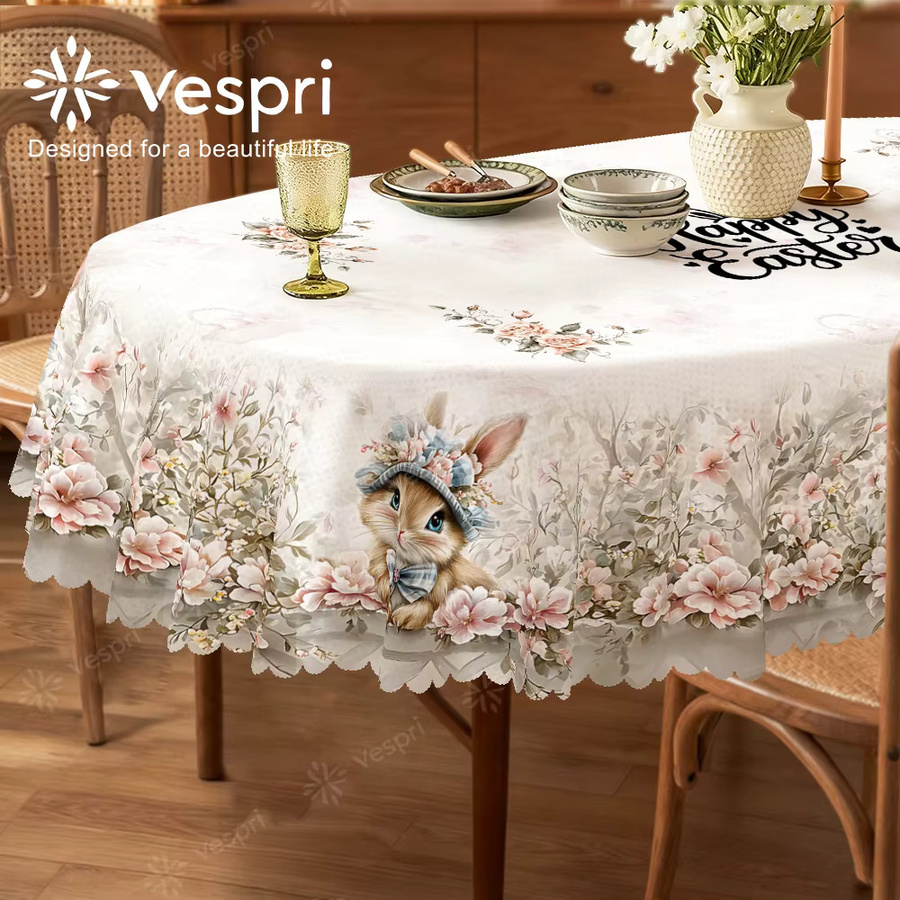 Vespri Oster-Tischdecke aus Polyester mit Hasen und Blumen in Weiß und Rosa - Bild 2