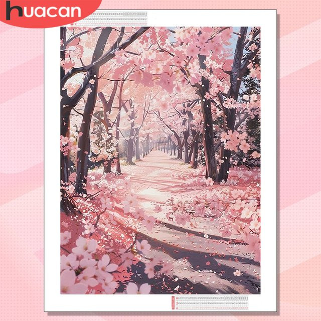 HUACAN Diamant-Mosaik-Set Kirschblüten Naturlandschaft in Pink mit runden Steinen - Bild 1