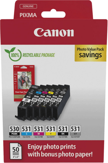 Canon PGI-530 und CLI-531 Tintenpatronen Set mit Fotopapier für Canon PIXMA TS8750 und TS8751i, Mehrfarbig - Bild 1