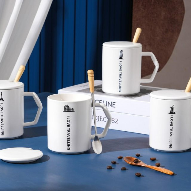 Kreative Keramiktasse mit Deckel und Löffel von Yiran Furniture, weiß, 420 ml - Bild 1