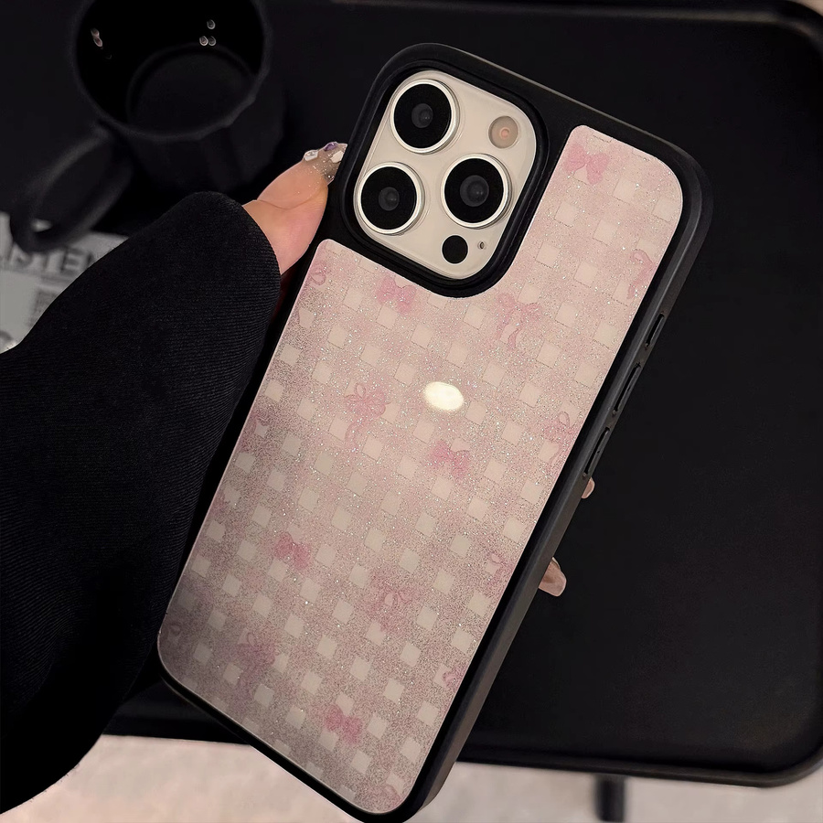 MUQGEW Handyhülle mit rosa Schleife und Gittermuster in Glitzer-Optik für iPhone 16 15 14 13 12 Pro Max, schwarzer Rahmen, Hard Cover mit Anti-Drop-Schutz - Bild 3