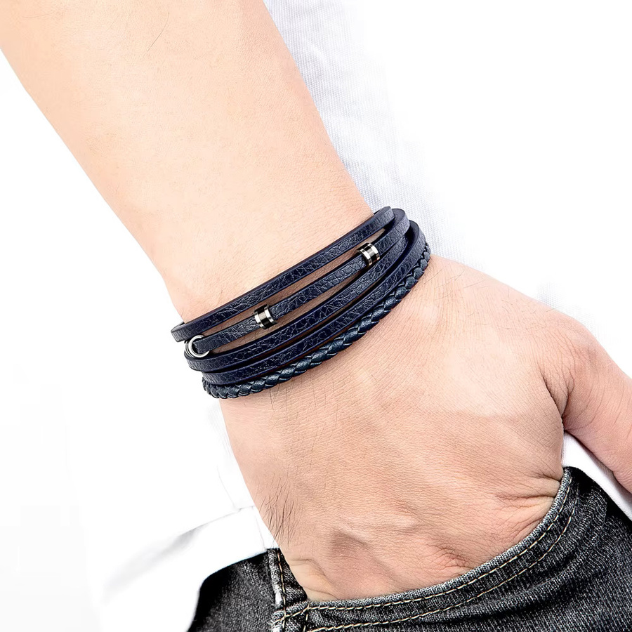 XQNI Armband Herren, Leder, Edelstahl, Schwarz - Bild 4