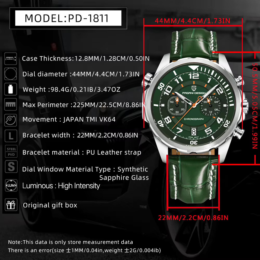 PAGANI DESIGN Chronograph, Quarz, Edelstahl, Grün, Leder, 44 mm, Herren - Bild 2