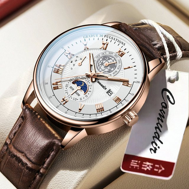Mairuige Armbanduhr, Quarz, Analoguhr, Leder, Silber, Weiß, Herren - Bild 1