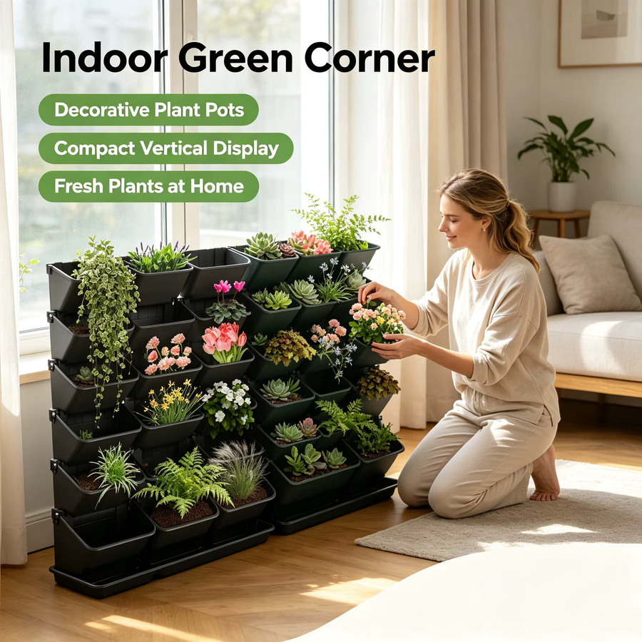 18-teiliger vertikaler Wandpflanzer mit Selbstbewässerung, modularer Pflanzsystem aus Kunststoff für Balkon und Garten, Schwarz oder Grün - Bild 6